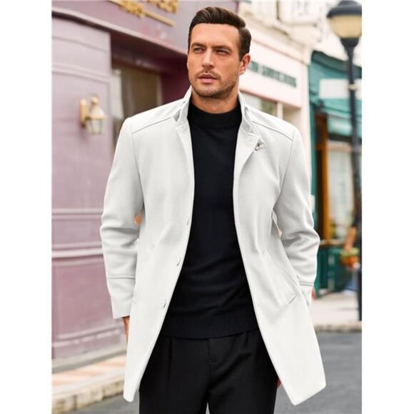 Men's Trench Coat Stand Collar Casual Slim Fit Single Breasted Pea Coat Overcoat - Picture 3 of 6